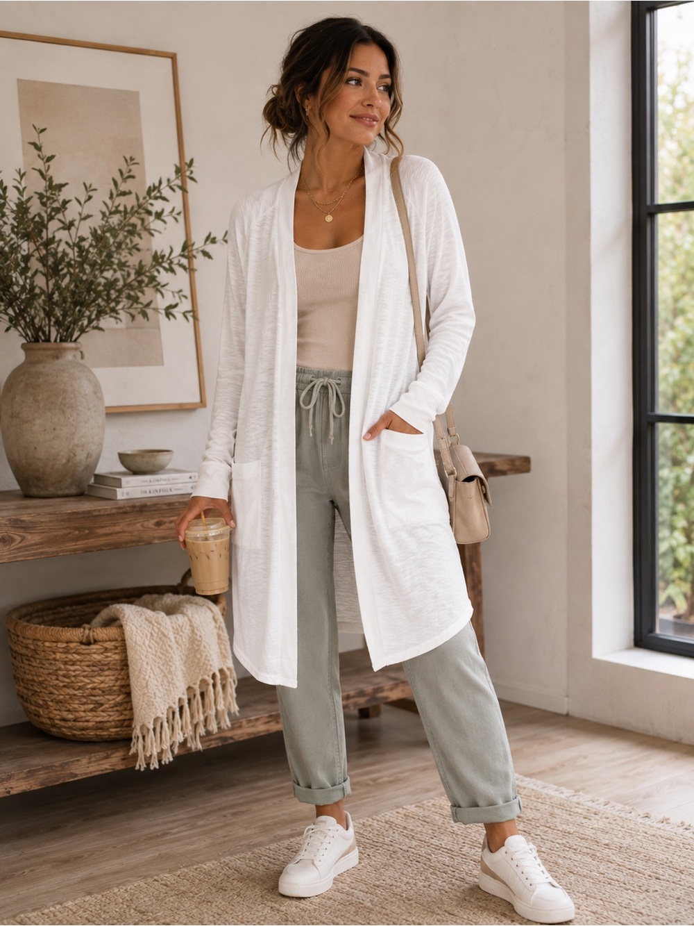 ELESOL XL White Cardigan Sweater Casual Open Front W/Pockets Long Sleeve NWT